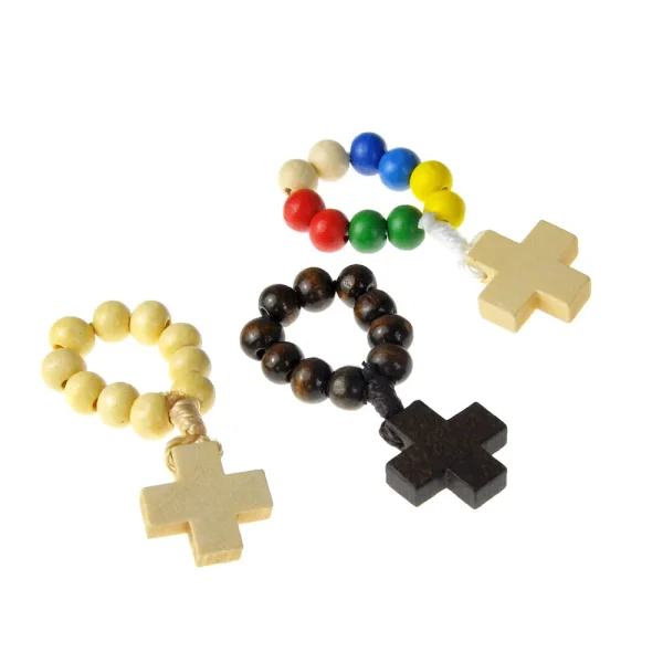 Natural Wood Beads Finger Chain Rosary Cross Colorful Ring Catholic Rosary Handmade Jewelry Wholesale