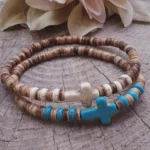 Wooden Bracelet for Men Handmade Beaded Coconut Shell Wood Chip Turquoise Cross Bracelet Hot-selling Religious