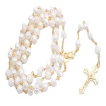 Catholic Rosary 8mm Gold Rose Beads Cross Handmade Curved Needle Religious Necklace Church Easter Gift - Image 2