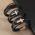 Hot-Selling Trendy Charm Woven Leather Bracelet Handmade Magnetic Clasp Gold Cross
