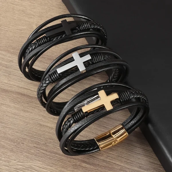 Hot-Selling Trendy Charm Woven Leather Bracelet Handmade Magnetic Clasp Gold Cross