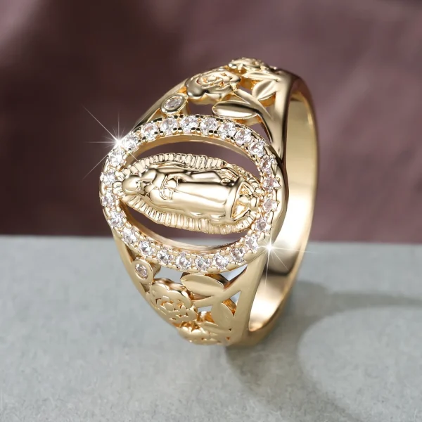 Catholic Notre Dame Handicraft Diamond Ring Copper Gold Plated Hollow Jewelry Fashion Ring Jewelry Women’s High Se