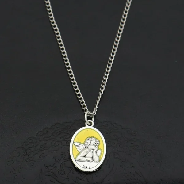 Mecrt Catholic Angel Pendant Blue and Red Vintage DIY Religious Metal Necklace Enamel Color Crafts Religious