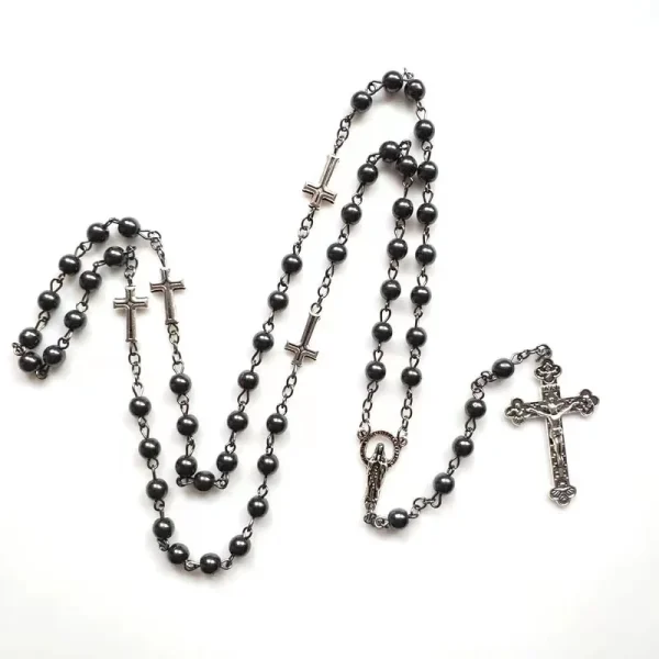 Religious Jewelry Hematite Rosary Beads Cross Pendant Necklaces Catholic Rosary Cross Pendant Black Jewelry Wholesale