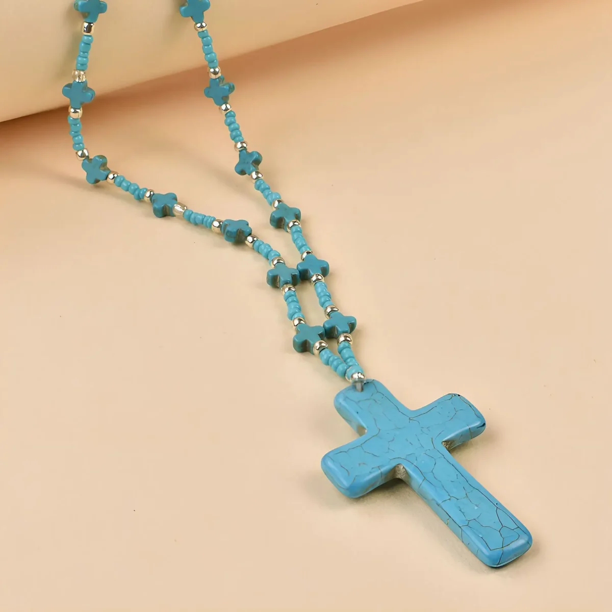 Religious Jewelry Women's Bohemian Cross Pendant Necklace with Turquoise Beads for Daily Wear in Christian Religious Activities - Image 6