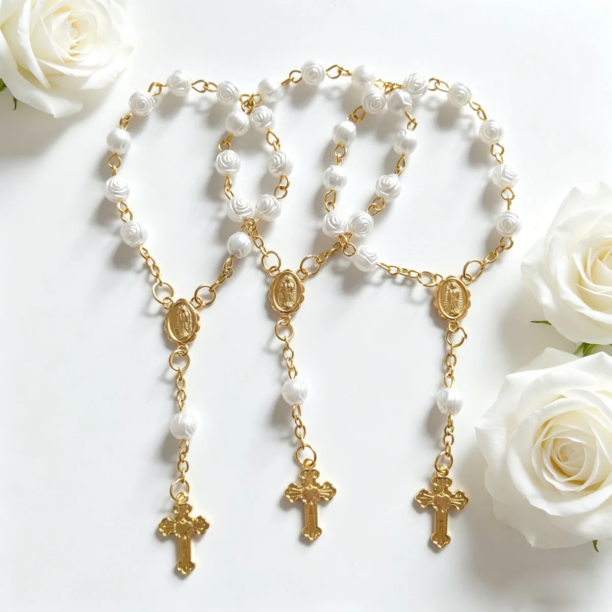 Hot Wings Christian Religious Rose Baptism Beads Pearl Beaded Bracelet Rosary Cross Factory Wholesale - Image 4