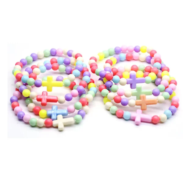 Mecrt Plastic Colorful Beads Cross Catholicism Children Religious Gift Bracelet Wholesales