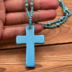 Religious Jewelry Women's Bohemian Cross Pendant Necklace with Turquoise Beads for Daily Wear in Christian Religious Activities - Image 3