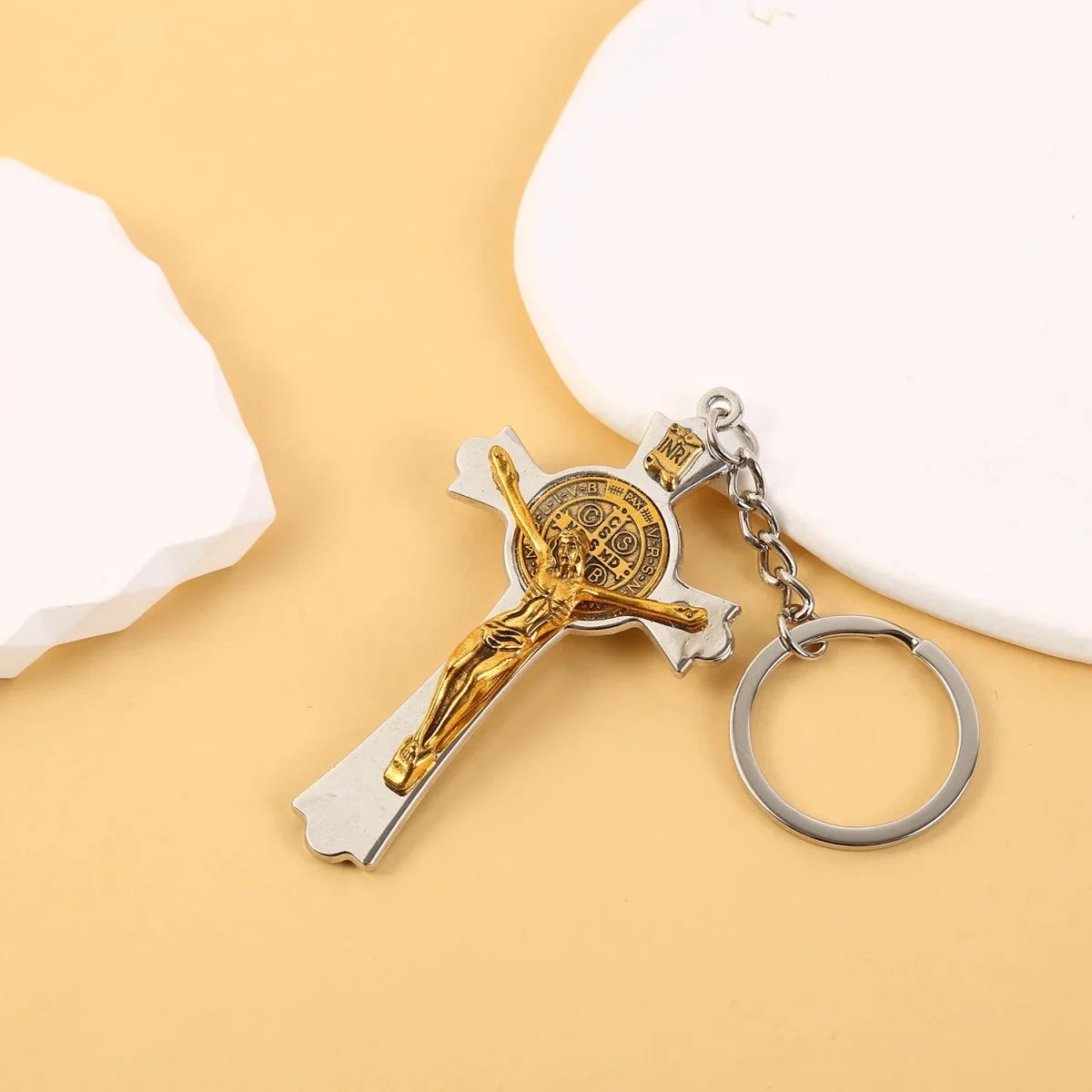 Catholic Cross Keychain Metal Saint Benedict Cross Keychain Catholic Crucifix Medal Keyring Jerusalem Charm - Image 4