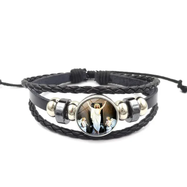 Mecrt Men’s Religious Punk Cuff Bracelets Virgin Mary Medal Beaded Woven Leather Wristband Zodiac Gifts with Cross