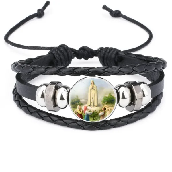 Mecrt Layered PU Leather Bracelets With Round Miraculous Jesus Virgin Mary Figures Medal Beads Wristband Bangle Bracelet