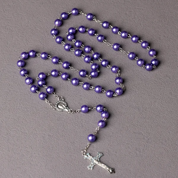 Catholic Vintage Religious Cross Rosary Necklace Gkass Imitation Pearl 8MM Beads Easter Christian Sacrifice Church Gifts