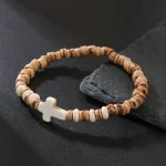 Wooden Bracelet for Men Handmade Beaded Coconut Shell Wood Chip Turquoise Cross Bracelet Hot-selling Religious - Image 3