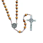 Religious Rosary Necklace Wood Beaded Cross Catholic Prayer BeadJesus and Saint Benedict Pendant Necklace - Image 5