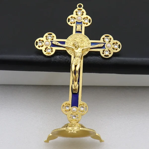 Mecrt Creative Gold-Plated Metal Crucifix Ornaments Catholic Cross Decorative Items for Home Office Christmas Elegant De