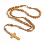 Catholic Rosary Necklace Jesus Cross Pendant Natural Wood Beads Jewelry Religious Exquisite Easter Christian Prayer Beads Gifts - Image 2