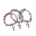 Catholic Communion of Rosary Colored Soft Pottery Cross Beads Baptismal Prayer Beads Jesus Pendant Bracelet Jewelry Church Gifts