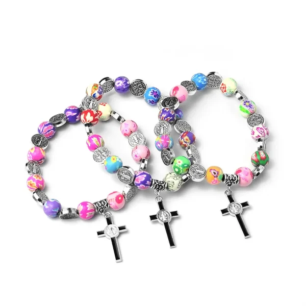 Catholic Communion of Rosary Colored Soft Pottery Cross Beads Baptismal Prayer Beads Jesus Pendant Bracelet Jewelry Chur
