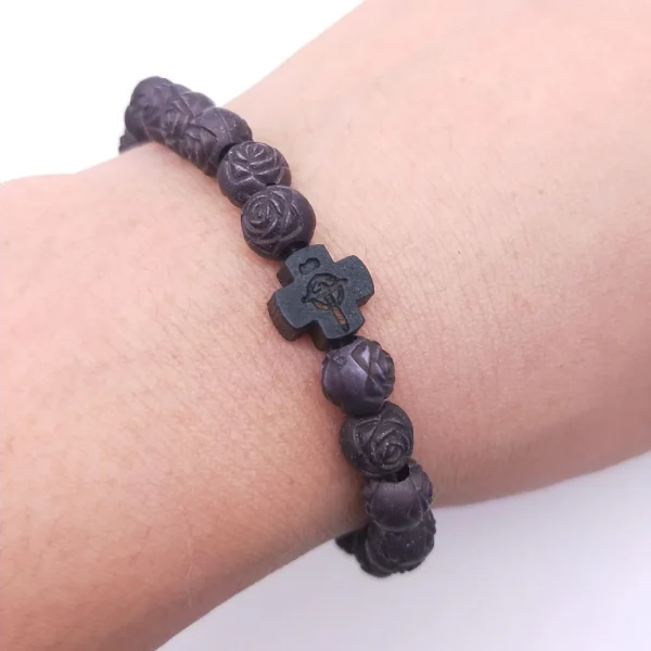 Religious Jewelry Plastic Wood Rose Bead Cross Bracelet 5.5g Rosary Bracelet