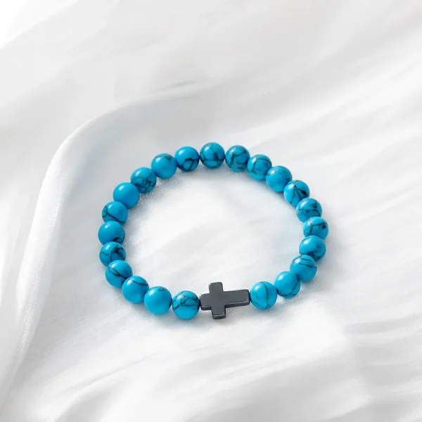Vintage Zinc Alloy Beaded Bracelets Cross Charm Elastic Stretch Religious Catholic Gift