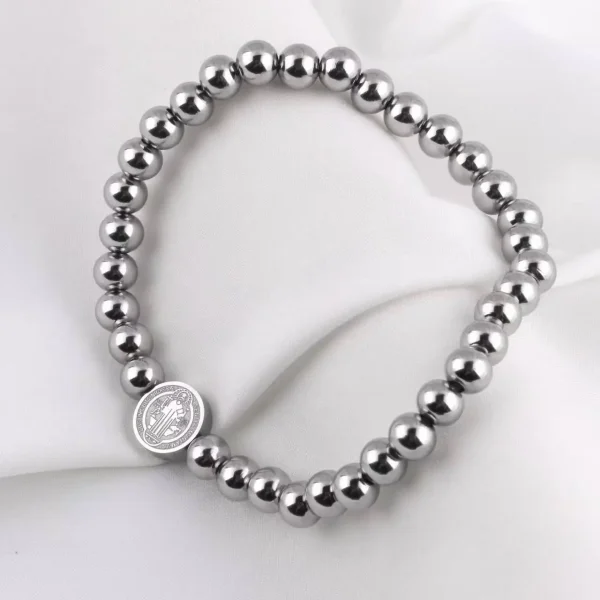 Mecrt Religious Catholic Saint Benedict Bracelet Stain Steel Beads with Stainless Steel Beads Elastic Bracelet