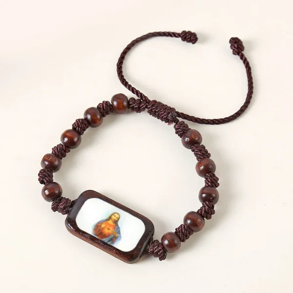 Catholic Wooden Bracelet Virgin Mary Dripping Oil Jewelry Jesus Holy Spirit St. Benedict Knotted Bracelet Jewelry Wholes