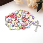 European American Style Flat Bead Lace Alloy Gold Religious Catholic Prayer Gift Colorful Flower Long Cross Pendant Rosary - Image 2