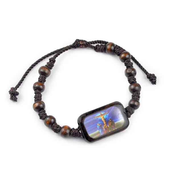Wood Bead Knitted Rope Bracelet Religious Virgin Mary Holy Father Jesus Ascension Easter Bracelets Catholic Icon Wristba