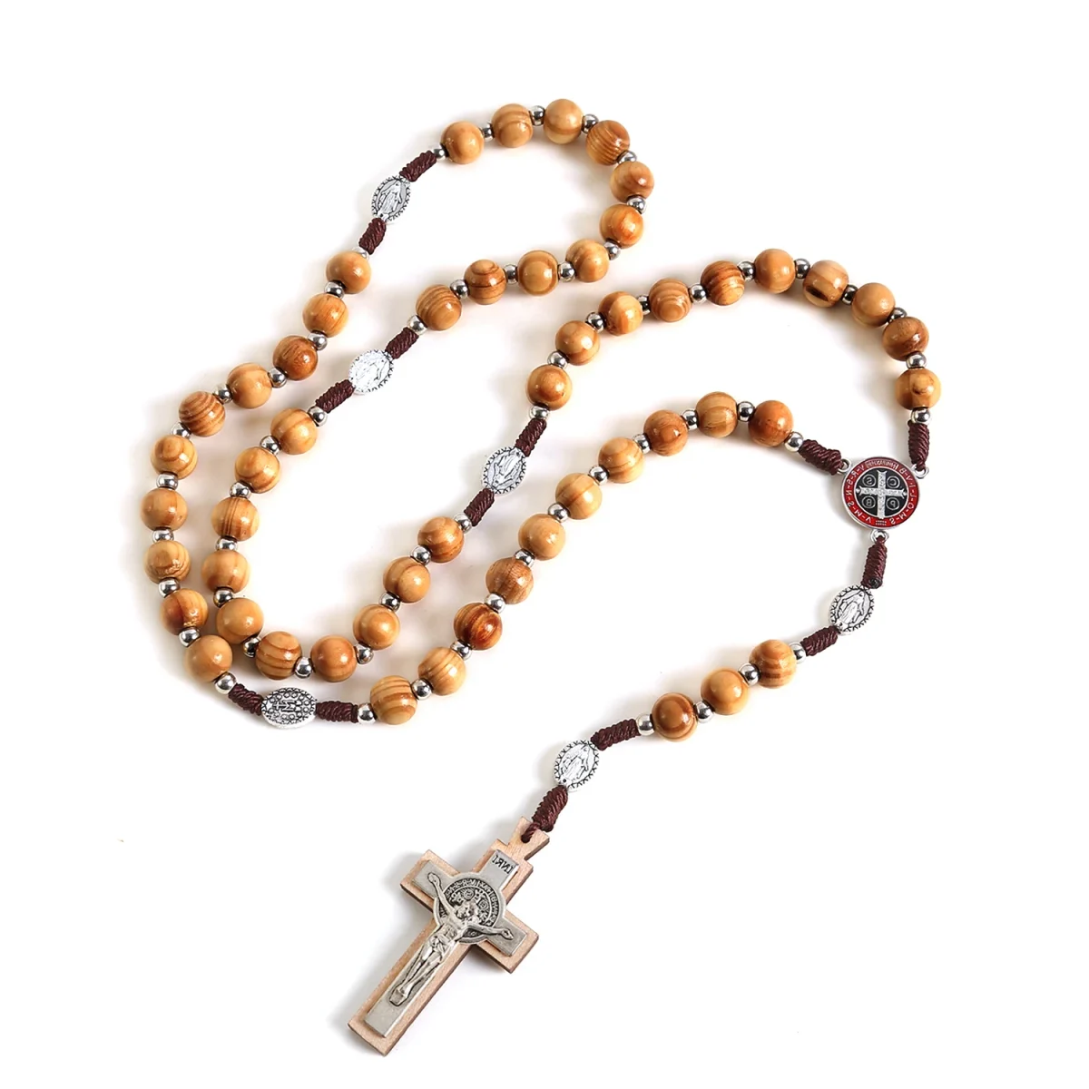 Mecrt Catholic Rosary Crucifix Retro Wood Beads Alloy Benedic Jesus Christ Cross Virgin Mary Pendant Rosaries Necklace - Image 5