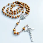 Religious Rosary Necklace Wood Beaded Cross Catholic Prayer BeadJesus and Saint Benedict Pendant Necklace - Image 6