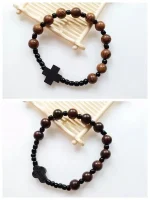 8mm Natural Wood Bead Elastic Yago Black Cross Wrist Bracelet for Men - Image 5