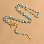 Catholic Rosaries Pink Glass Pearl Beads Angel Wings Trendy Jesus Rosary Necklace 6MM Gold Jewelry Wholesale - Image 4