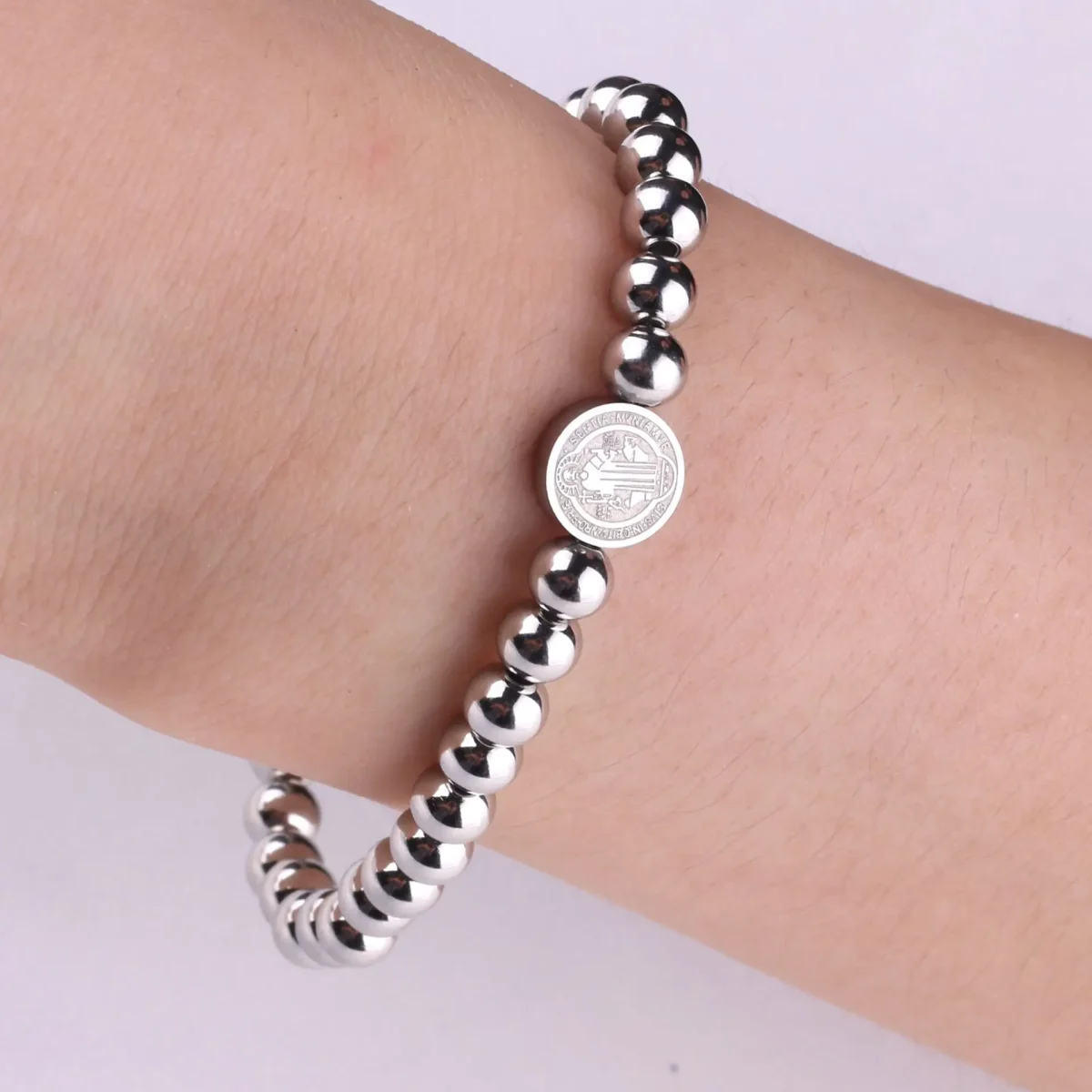 Mecrt Religious Catholic Saint Benedict Bracelet Stain Steel Beads with Stainless Steel Beads Elastic Bracelet - Image 4