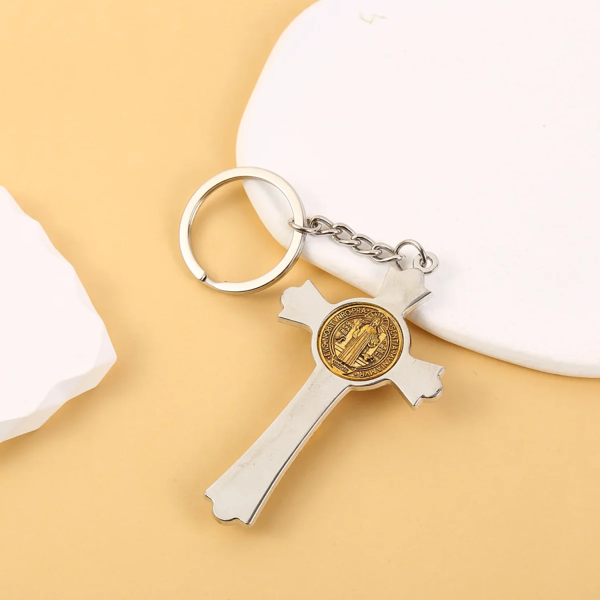 Catholic Cross Keychain Metal Saint Benedict Cross Keychain Catholic Crucifix Medal Keyring Jerusalem Charm - Image 3