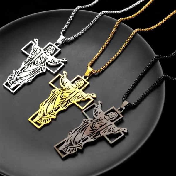 Cross Jesus Vintage Hip-Hop Stainless Steel Crucifix Pendant Trendy Hollow Niche Titanium Steel Necklace for Men Wholesa
