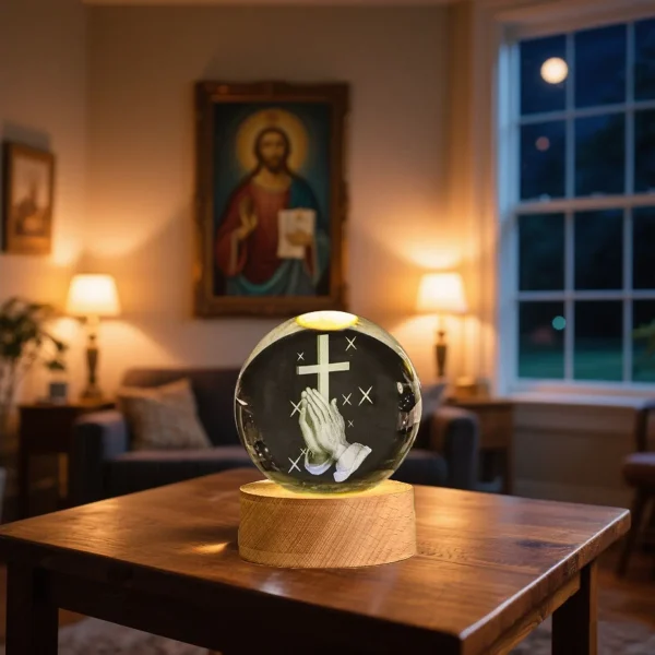 Catholic Cross Crafts Religious K9 Crystal Ball Tabletop Ornament Decoration Bedroom Light Gifts Wedding Gifts Christmas