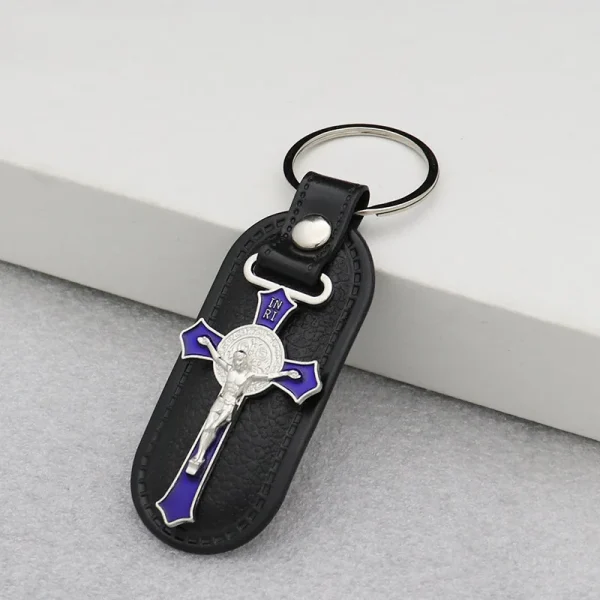 Catholic Cross Jesus Keychain Vintage Retro Metal Crucifix PU Combination Car Pendant Keychain Key Jewelry Pendant