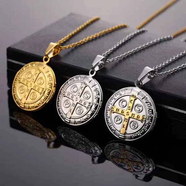 St Benedict Beaded Zinc Alloy 18k Gold Plated Pendant Medal Necklace with Cross Bible Locket Christian Religious Gift