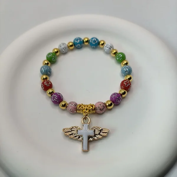 Catholicism Acrylic Cross Bead Bracelet with Gold Stamping Angel Cross Eucharist Baptism Rosary Bracelet Beaded Gift