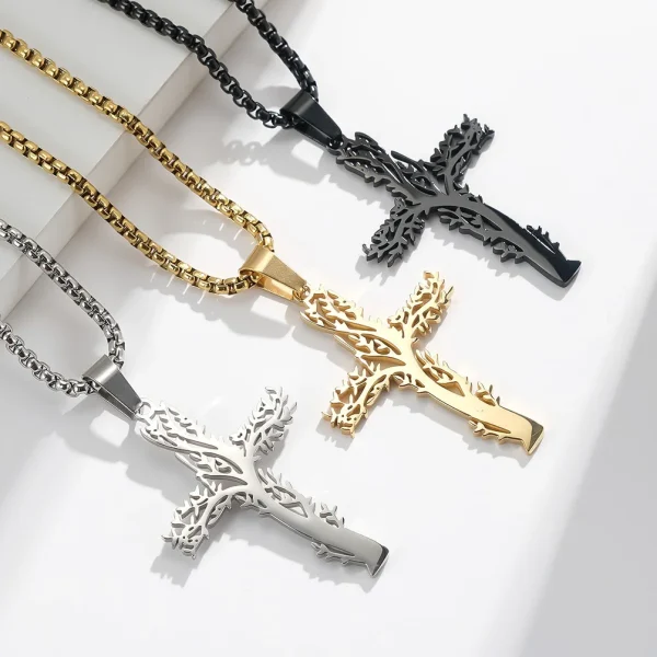 Stainless Steel Crucifix Tree Life Cross Pendant Necklace Jewelry for Men Women Religious Jesus Jewelry