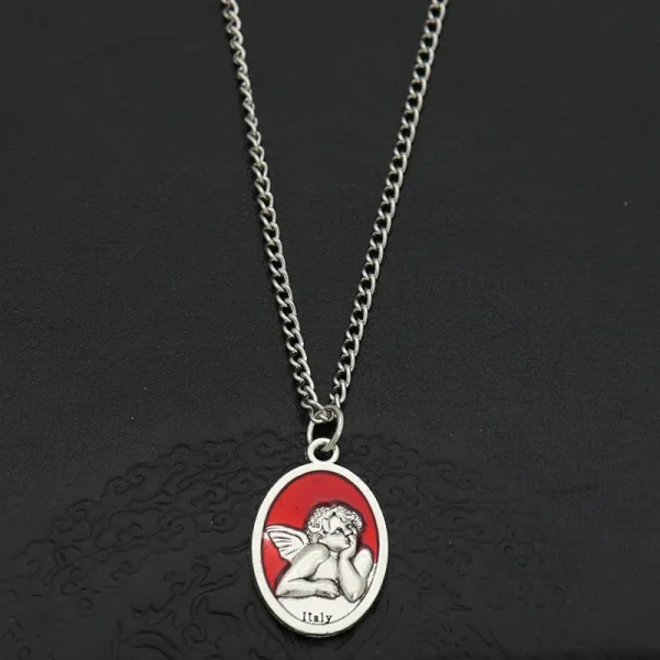 Mecrt Catholic Angel Pendant Blue and Red Vintage DIY Religious Metal Necklace Enamel Color Crafts Religious