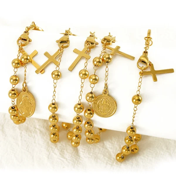Catholic Rosary Bracelet Jesus Christ Prayer Religious Cross Jewelry Saint Benedict Pendants Stainless Steel Bead Chain