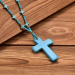 Religious Jewelry Women's Bohemian Cross Pendant Necklace with Turquoise Beads for Daily Wear in Christian Religious Activities