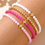 Fashion Bohemian Style Iron Pyrite Acrylic Cross Beaded Elastic Line Round Women's Gift Bracelet - Image 2