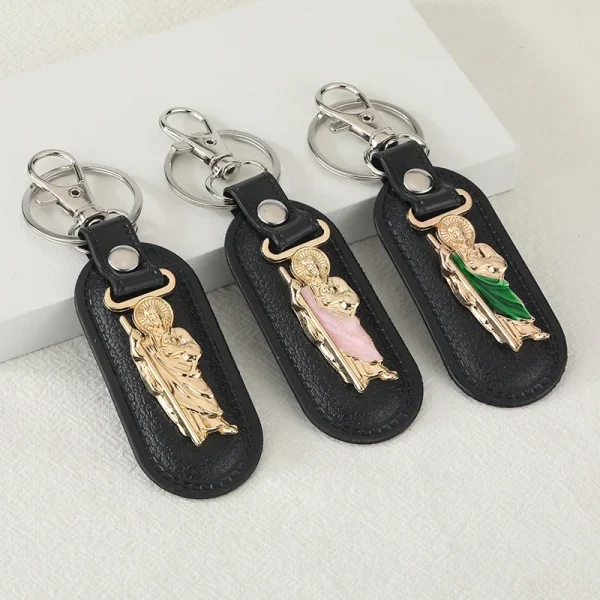 Catholic Leather Keychain with Metal Pendant Saint Christopher Cartoon Doll Keychain Metal Jewelry Pendant and Car Bag P
