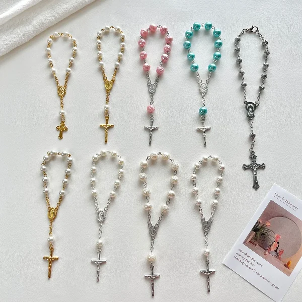 Best Selling Catholic Mini Rosary Beaded Bracelets with Heart Cross Finger Chain Gold Plated Baptism Communion Gift for 