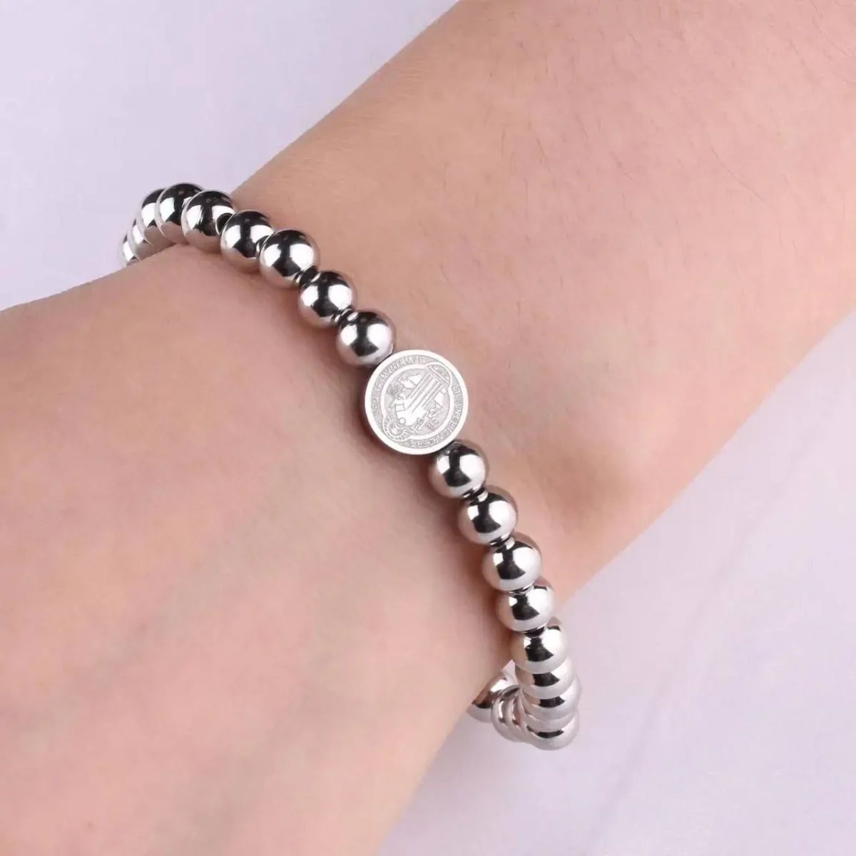 Mecrt Religious Catholic Saint Benedict Bracelet Stain Steel Beads with Stainless Steel Beads Elastic Bracelet - Image 2