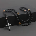 Mecrt Christianity Rosary Men's Cross-Religious Necklace with Natural Black Volcanic Rock Yellow Tiger Eye Iron Stone Beads - Image 6
