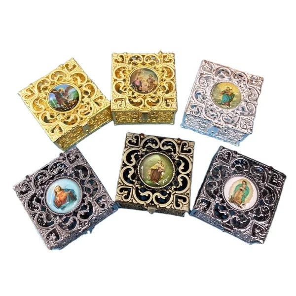 Vintage Gold Silver Alloy Medal Catholic Theme Cross Shape Christmas Gift Box Carved Metal Hollow Packaging