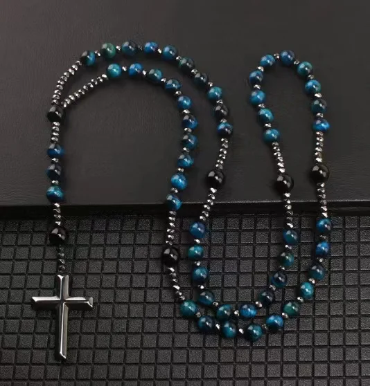 Mecrt Religious Black Onyx African Turquoise Hematite Tiger Eye Stone Pray Beads Blessing Christian Cross Necklace